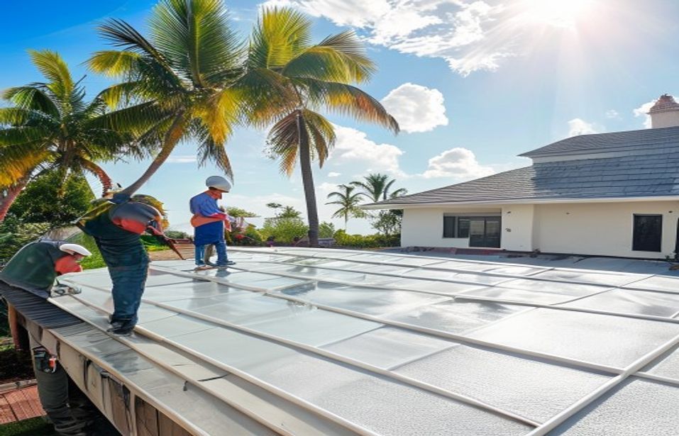 Roof coating crew applying reflective roof paint in South Florida
